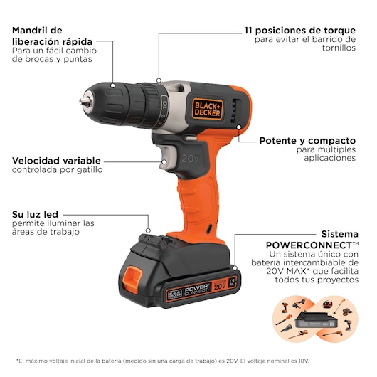 BLACK+DECKER BCKSB29C02 cordless drill on white background, showing features like LED light, 20V battery, and compact design.