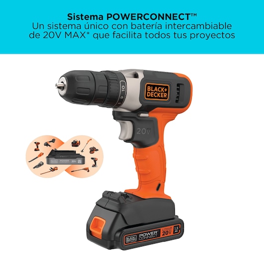 BLACK+DECKER drill BCKSB29C02, side view, orange and black, with 20V MAX POWERCONNECT battery.