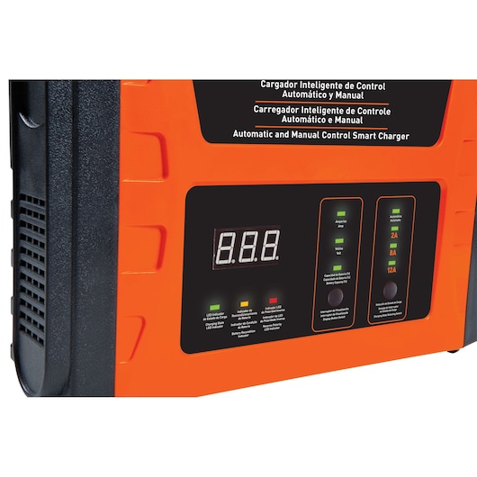 BLACKDECKER BC12 smart battery charger front angle, orange and black casing with digital display and control panel.
