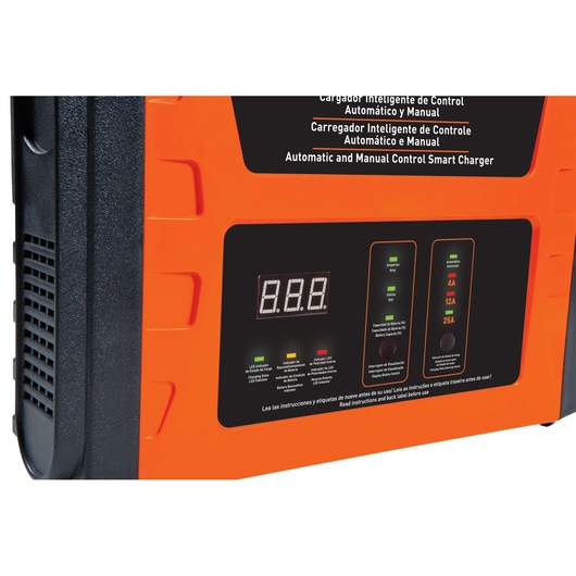 BLACKDECKER BC25 smart charger close-up, orange casing, digital display and control panel, white background.