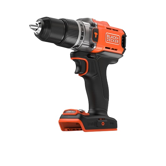Photo of BLACK+DECKER BCD383B cordless drill, orange and black, ergonomic grip, right-side angle on white background.