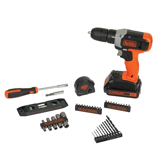 Photo of BLACK+DECKER BCD70250PK cordless drill set with screwdriver, tape measure, level, bits, and accessories on white.