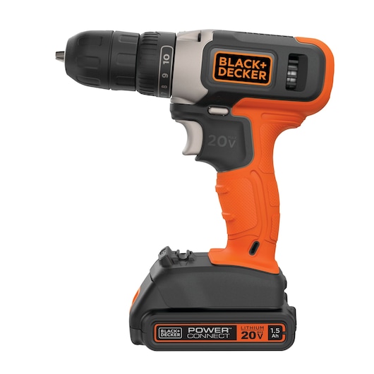BLACK+DECKER BCD702C1 cordless drill, orange and black, right-side angle on white background.