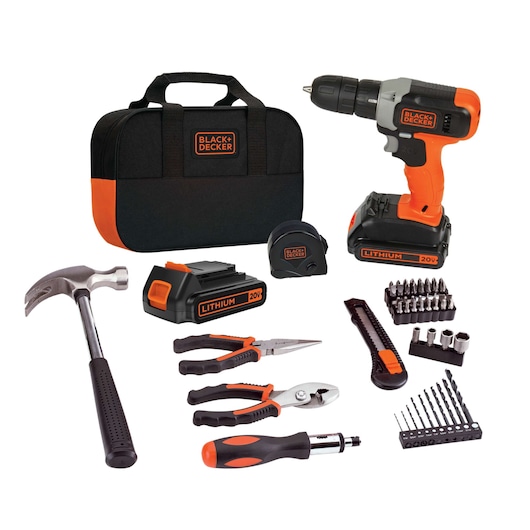BLACKDECKER BCD702PK2B tool kit with 20V drill, battery, hand tools, bits, bag, and accessories, front angle.