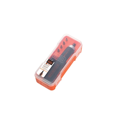 A BLACK+DECKER electric screwdriver set in a transparent orange plastic case. The case contains the screwdriver and several bits organized neatly inside.