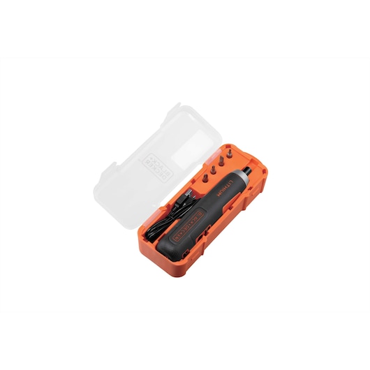 BLACK+DECKER electric screwdriver kit with case, including screwdriver, charging cable, and multiple bits, all stored in an orange plastic container.