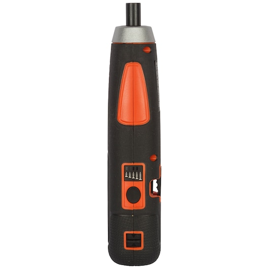 BLACKDECKER BD40K4 black and orange cordless screwdriver, front angle on white background.