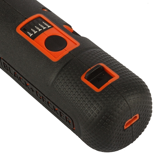 BLACKDECKER BD40K4 black and orange electric screwdriver, close-up side angle on textured grip and control buttons.