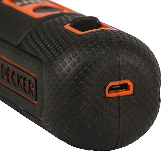 BLACKDECKER BD40K4 photography of textured black and orange handle with visible USB charging port, side angle.