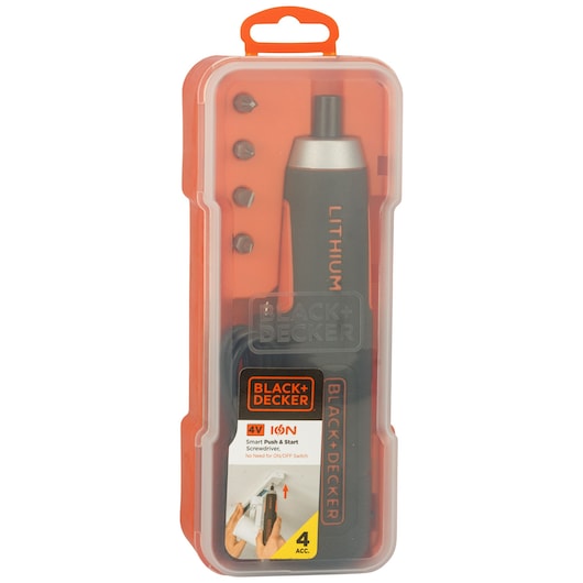 A BLACK+DECKER lithium-ion cordless screwdriver set in a transparent plastic case, showing the screwdriver, four accessory bits, and product branding.