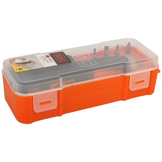 A Black+Decker tool kit in a rectangular orange plastic case with a transparent lid, showing several screwdriver bits inside.