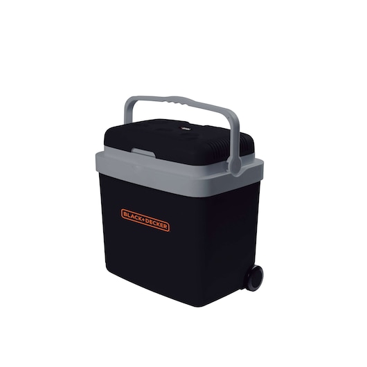 Photo of BLACKDECKER portable cooler with wheels and gray handle, front angle, BDC33L.