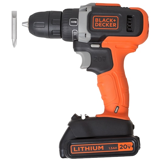 A BLACK+DECKER cordless power drill with an orange and black design. The drill is labeled as 20V lithium 1.5Ah and includes a drill bit positioned to the left of the tool.