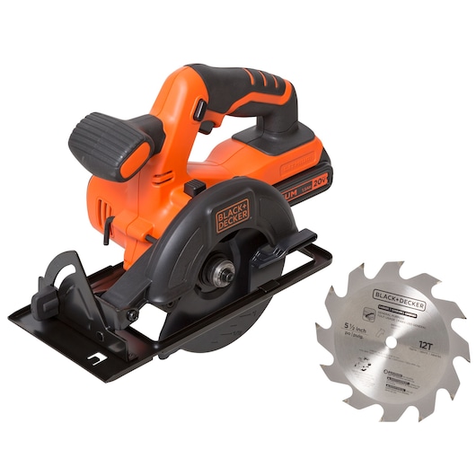 A BLACK+DECKER cordless circular saw with an orange and black design is shown alongside a metal saw blade. The saw is designed for woodworking and construction tasks, and the blade has 12 teeth.