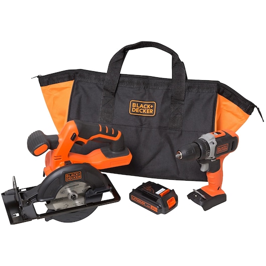 BLACKDECKER BDCD220CS power tool kit with drill, circular saw, battery and carrying bag, front angle.