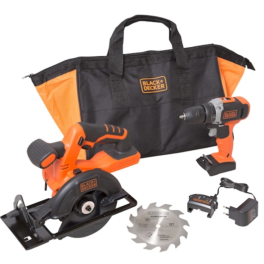 BLACK+DECKER BDCD220CS tool kit with black and orange bag, cordless drill, circular saw, saw blade, charger, and power adapter, front angle.