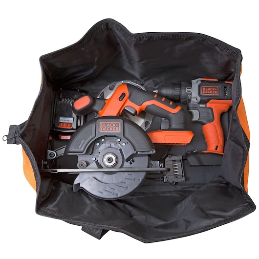 BLACKDECKER BDCD220CS tool kit with cordless drill and circular saw inside black carrying bag, top view.