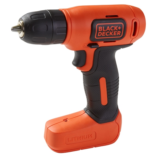 BLACK+DECKER cordless drill BDCD8HDPK, orange and black, side angle on white background.