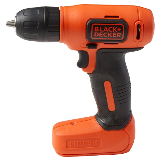 Photo of BLACK+DECKER cordless drill BDCD8HDPK, orange and black, right-side angle, lithium battery visible.