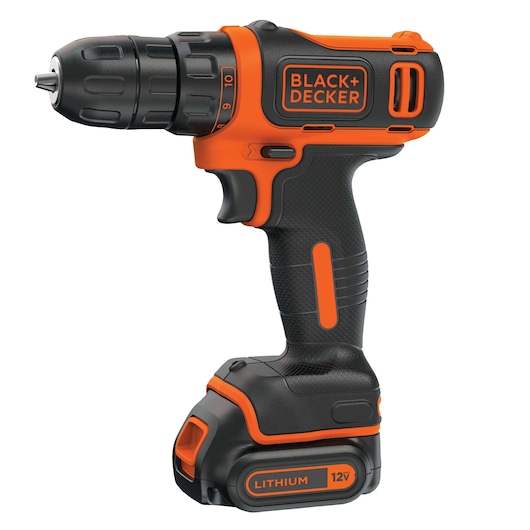 BLACK+DECKER BDCDD12C cordless 12V lithium drill, black and orange, side angle on white background.