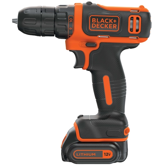 BLACK+DECKER BDCDD12C cordless drill, black and orange body, side view, white background.