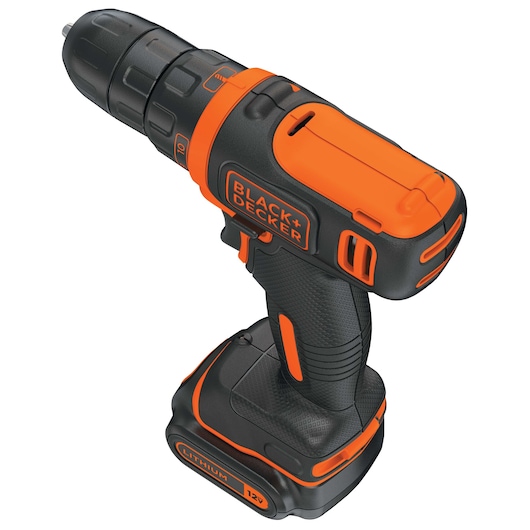 BLACKDECKER BDCDD12C cordless drill, black and orange, side angle on white background.