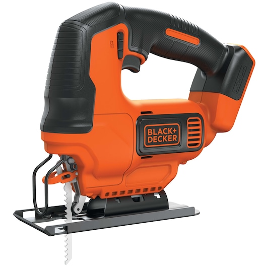 BLACKDECKER BCK22S1S cordless jigsaw, orange and black, side angle on white background.