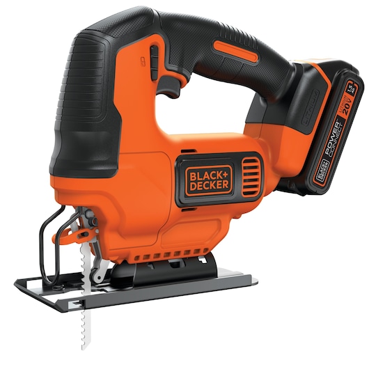 BLACKDECKER BCK22S1S cordless jigsaw, orange and black, side angle on white background.