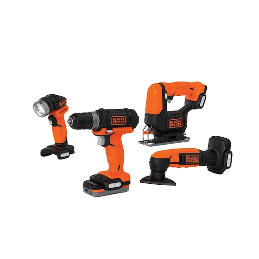 Four BLACK+DECKER cordless power tools are shown, including a flashlight, a drill, a jigsaw, and a multi-tool. All tools are orange and black with BLACK+DECKER branding.
