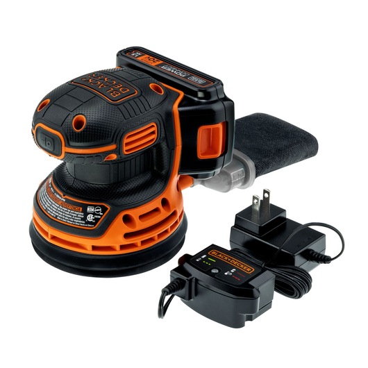 Photo of BLACK+DECKER BDCRO20C cordless random orbital sander with battery, dust bag, and charger, front angle on white.