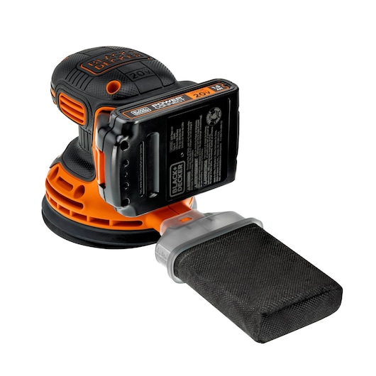 BLACKDECKER BDCRO20C cordless random orbit sander, rear angle, with black dust bag attached.