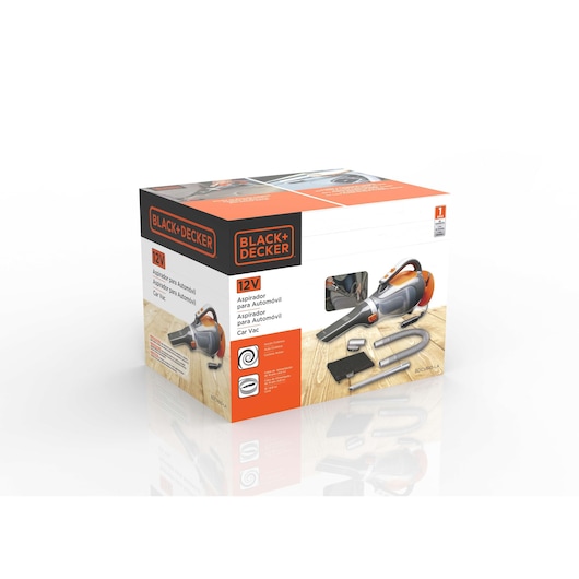 Box of BLACK+DECKER 12V car vacuum cleaner with accessories. The packaging features the vacuum cleaner and several attachments. The box is primarily orange and white with branding and specifications visible.