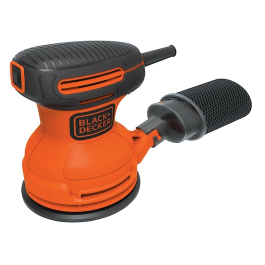 BLACKDECKER BDERO100 orange and black round orbital sander with dust collector, side angle, white background.