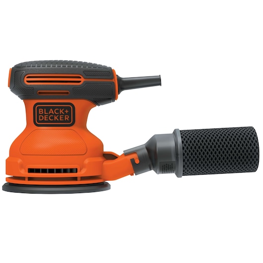 Photo of BLACK+DECKER BDERO100 orange and black random orbit sander, side angle on white background.