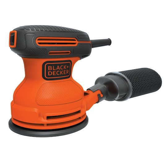 BLACK+DECKER BDERO100 orange random orbital sander side view with dust collector on white background.