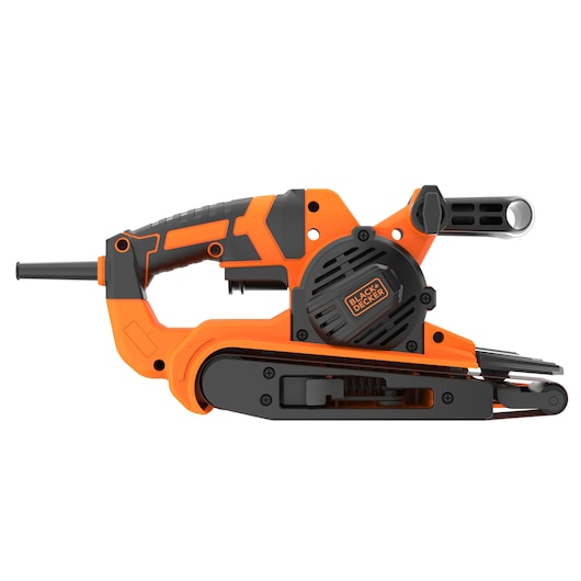 BLACKDECKER BEBS0900 orange and black belt sander side view on white background.