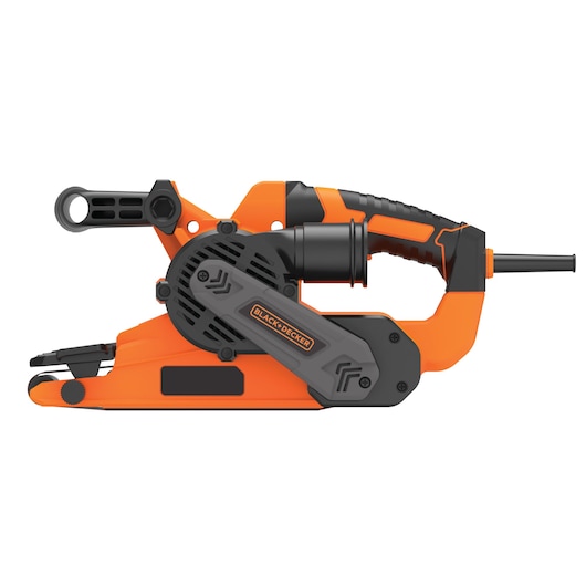 Photo of BLACK+DECKER BEBS0900 orange and black belt sander, side angle on white background.
