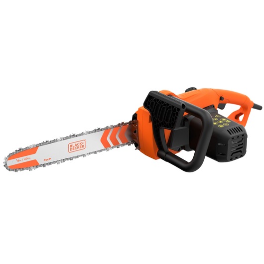 BLACK+DECKER electric chainsaw with an orange and black design, featuring a 16-inch (40cm) blade and ergonomic handle.