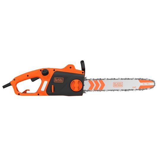 BLACK+DECKER electric chainsaw, model BECS2040, featuring an orange and black body and a 16-inch (40 cm) blade with chain, shown from the side.