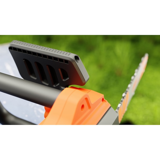 Close-up of BLACK+DECKER chainsaw front handle and blade, SKU BECS2040, showing orange and black parts.