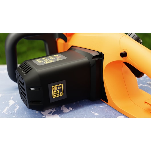 Close-up side angle of BLACKDECKER chainsaw handle and motor BECS2040, black and orange finish, visible 93 dB label.