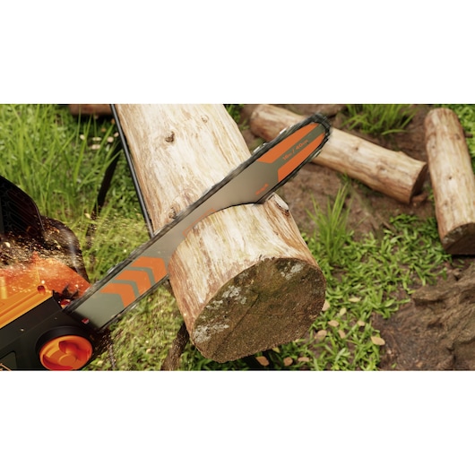 BLACKDECKER BECS2040 chainsaw cutting a log outdoors, side angle, orange and black design, wood chips flying.