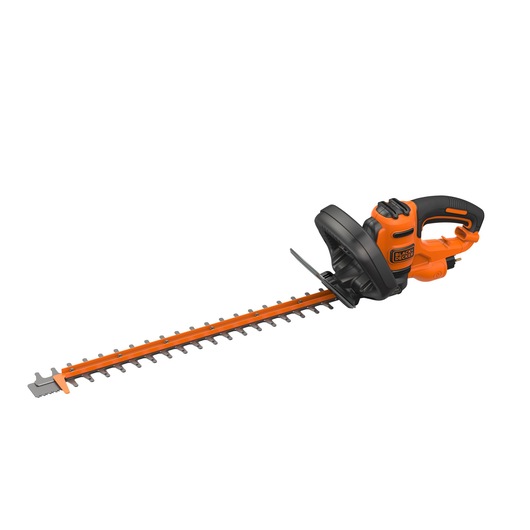 A BLACK+DECKER electric hedge trimmer with an orange and black design, featuring a long blade and ergonomic handle, displayed on a white background.