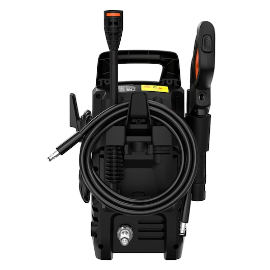 Front view of a BLACK+DECKER BEPW1300 pressure washer, showing a black compact unit with a coiled hose, handle, nozzle attachments, and accessory slots.