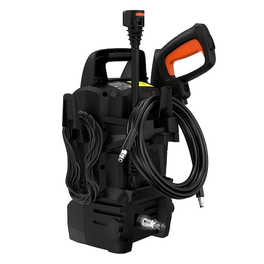 A BLACK+DECKER BEPW1300 portable pressure washer, shown upright with its black and orange spray gun and hose neatly coiled around the unit. The device features a sturdy handle for easy carrying and multiple attachment points for accessories.