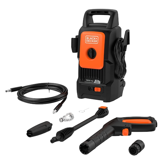 BLACK+DECKER pressure washer BEPW1300 in black and orange with hose, spray gun, and multiple accessories displayed.