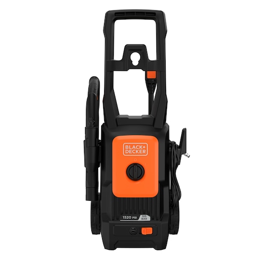 Front view of a BLACK+DECKER BEPW1520L pressure washer, featuring an upright design with an orange and black body, a handle at the top, a hose attachment on the left side, and a cord storage feature on the right.