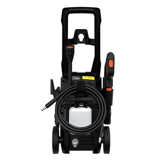 Front view of a BLACK+DECKER BEPW1520L pressure washer, showing its handle, wheels, hose, and detergent bottle.
