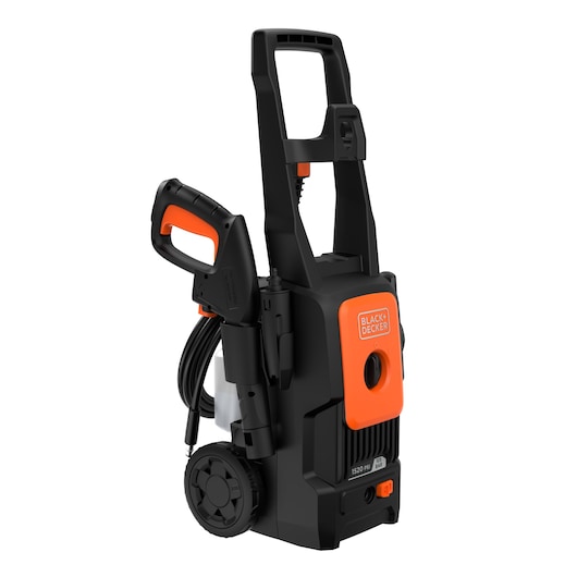 A BLACK+DECKER pressure washer with a black and orange design, featuring wheels, a handle, and a hose with spray gun attachment. The unit is upright and portable.