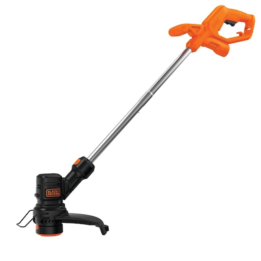 BLACK+DECKER string trimmer BEST935, orange and black, side angle on white background.